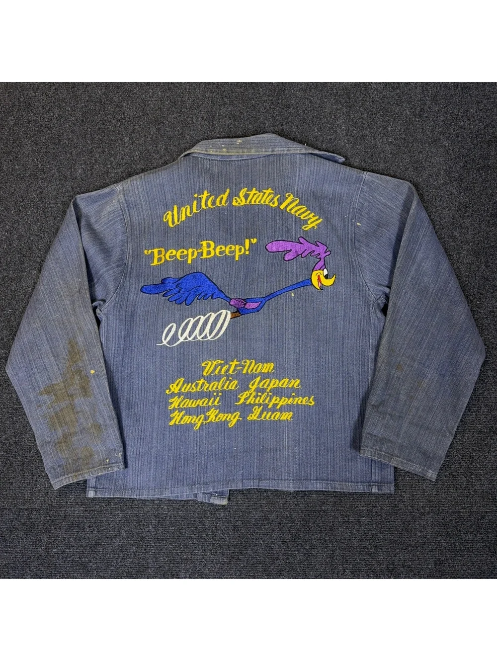 1960s US NAVY Vietnam Road Runner Chain Stitched Denim Jacket Medium